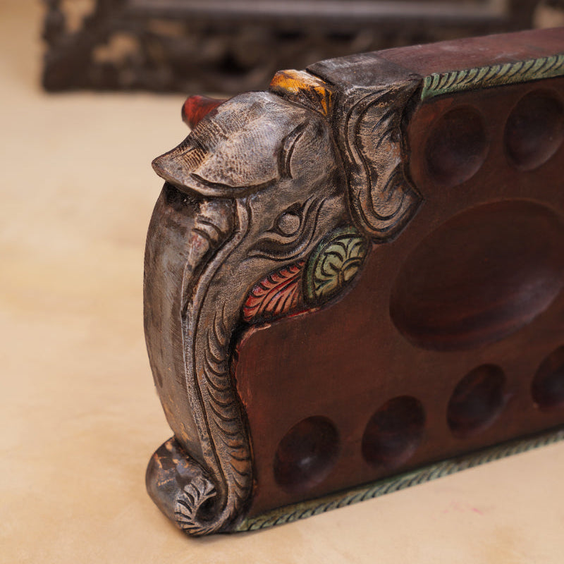 Hand Carved Mahogany Pallanguli Board with Elephant Motif & Floral Border – Traditional Mancala Game