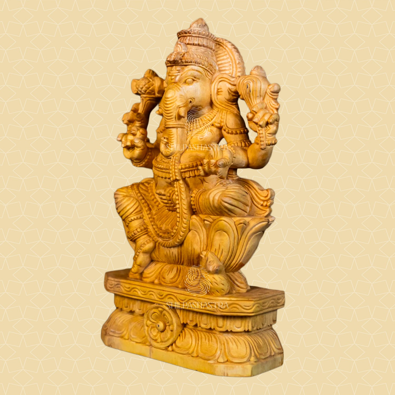 Hand-Carved Wooden Idol of Seated Ganesha on Lotus – Natural Finish