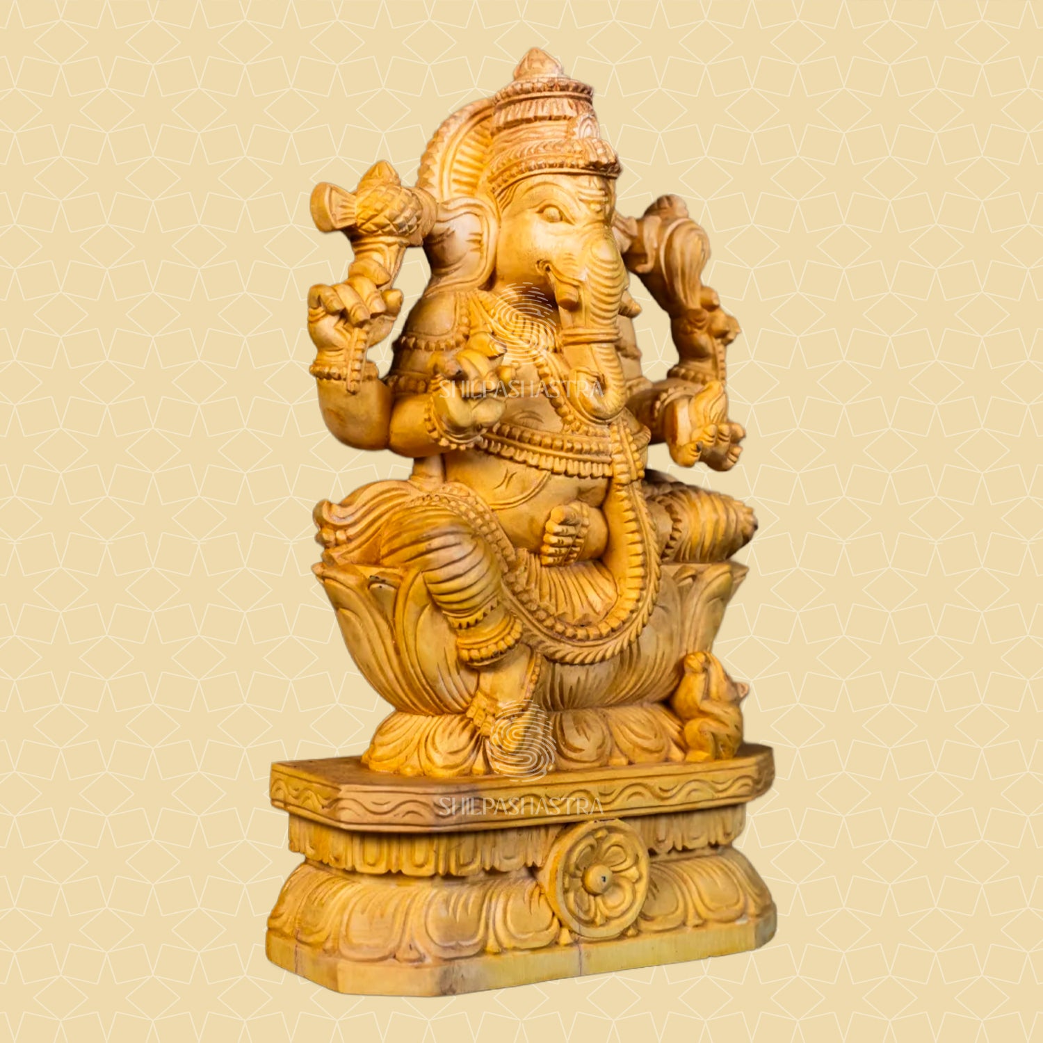 Hand-Carved Wooden Idol of Seated Ganesha on Lotus – Natural Finish