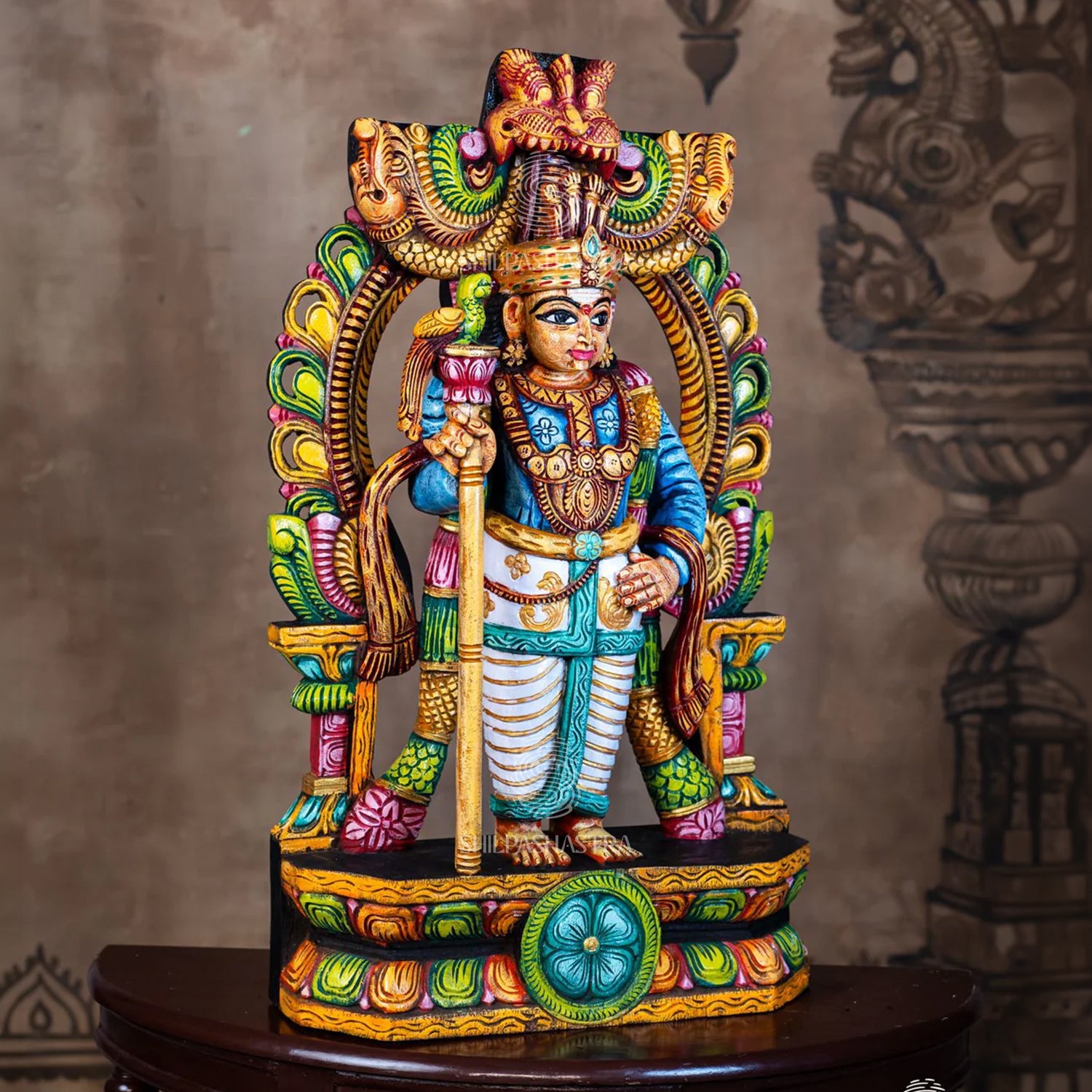 Hand-Carved Wooden Idol Murugan in Raja Alankaram – Sugarcane & Parrot