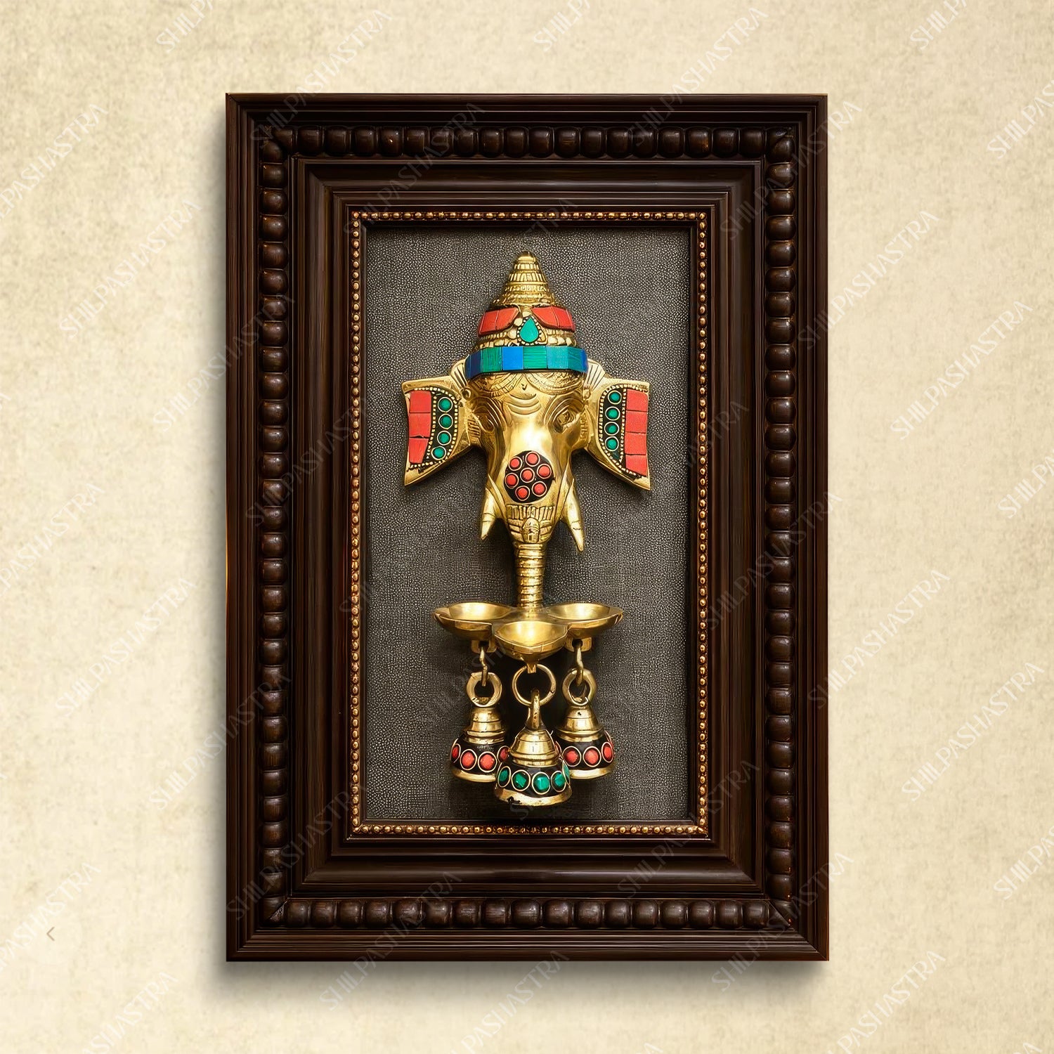 Gemstone Ganesha Brass Idol Frame – Manipuri Heritage Frame with Bell (12x8 Inch)
