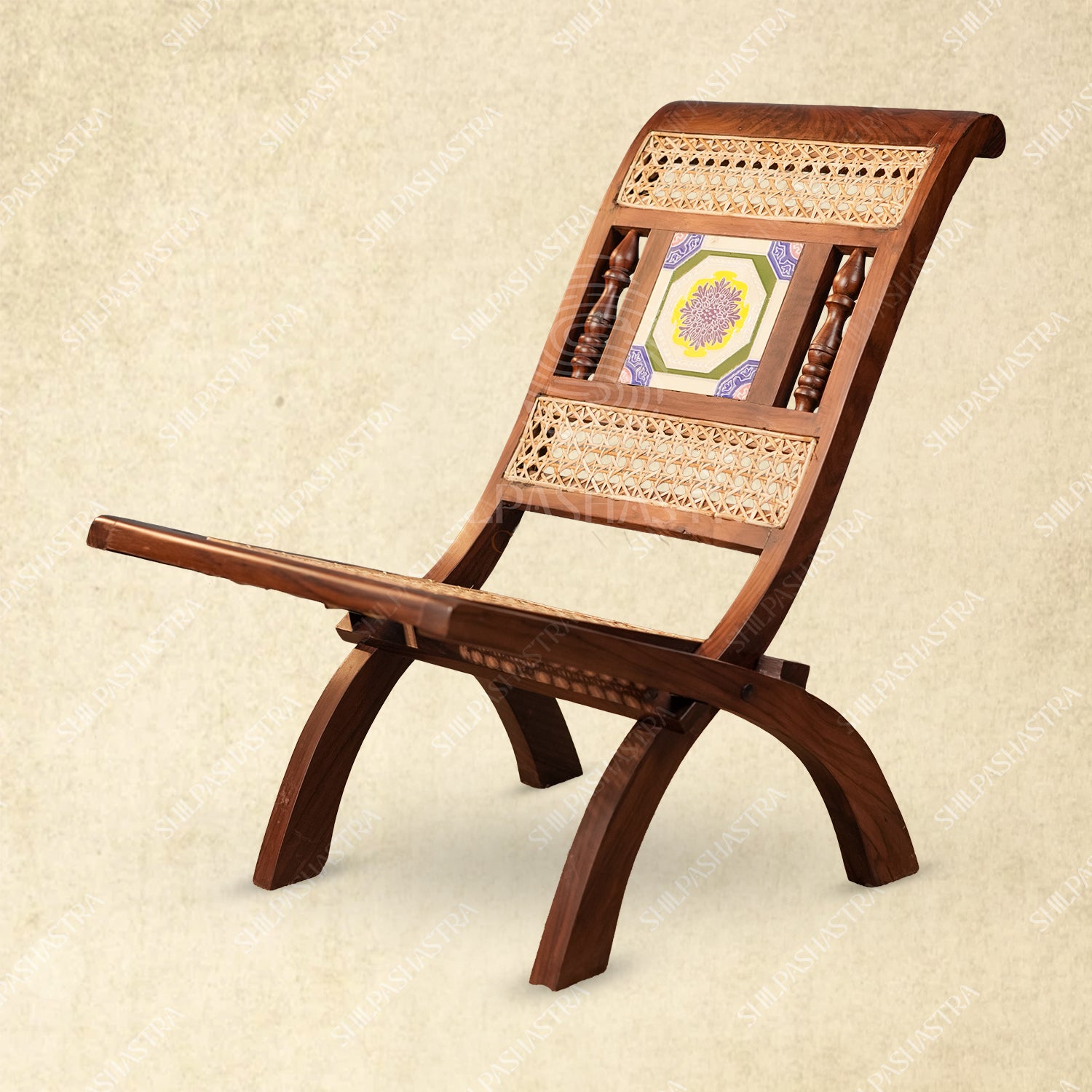Premium Rosewood Folding Chair with Aathangudi Tile – Handcrafted Chettinad Heritage Wooden Chair