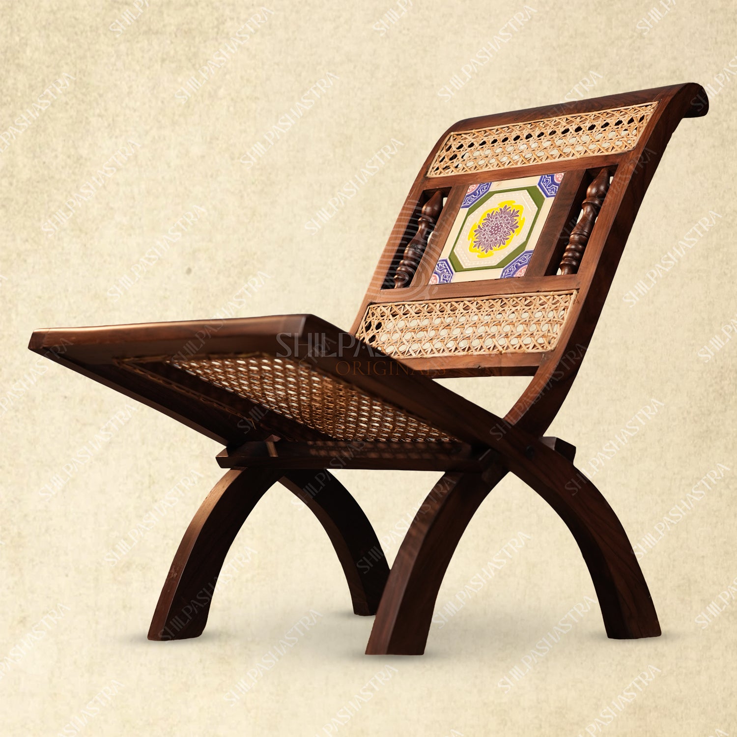 Premium Rosewood Folding Chair with Aathangudi Tile – Handcrafted Chettinad Heritage Wooden Chair