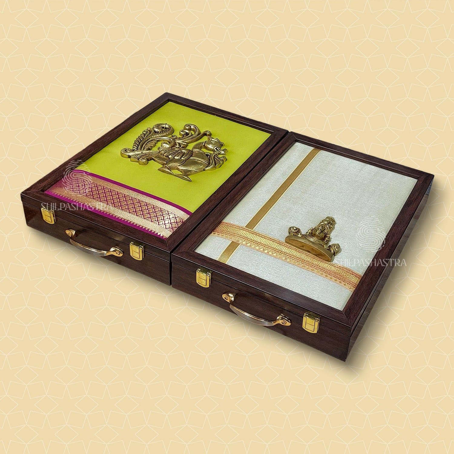 Apple Green Pink Brass Annam Saree & Perumal Veshti Box Combo