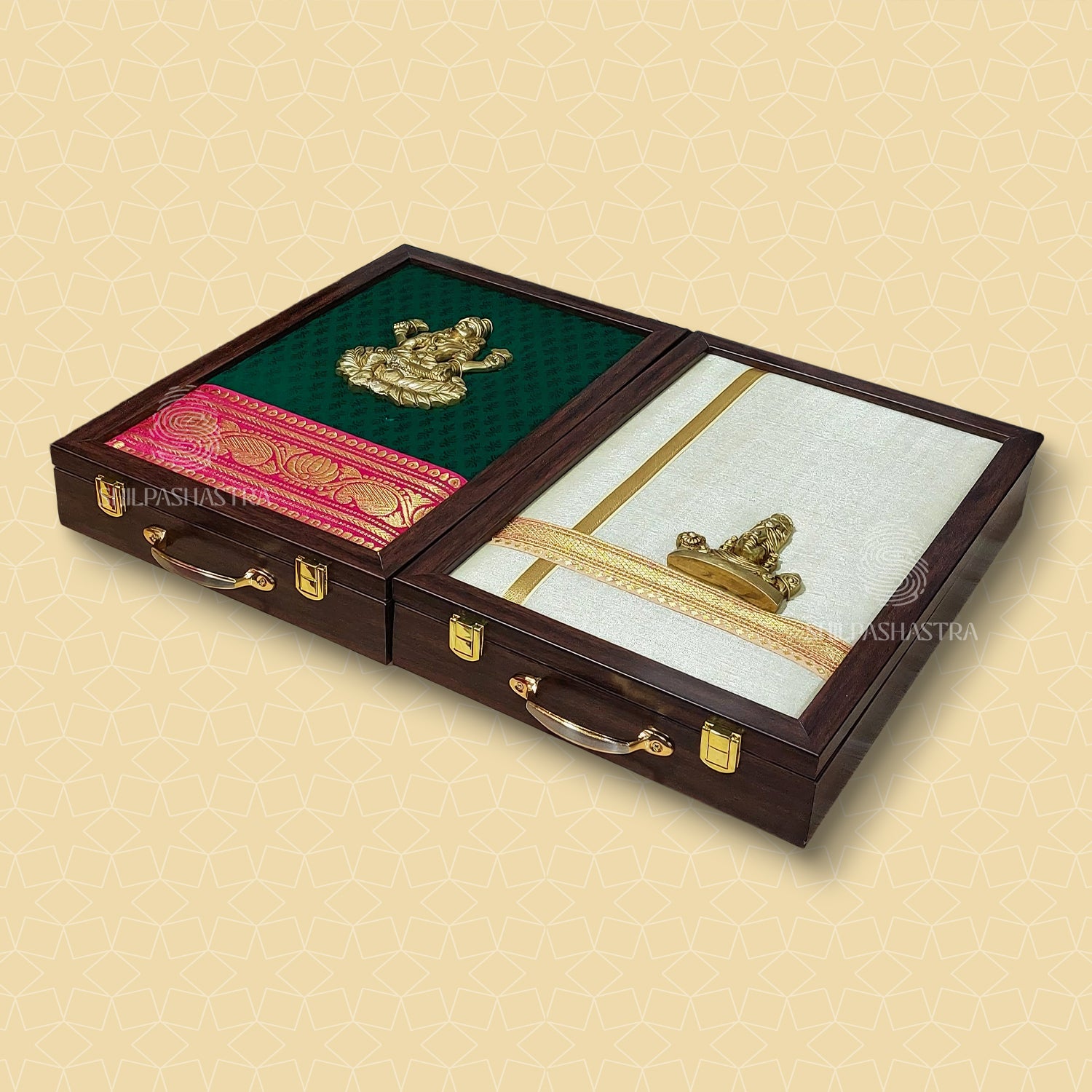 Green Pink Brass Lakshmi Saree & Perumal Veshti Box Combo
