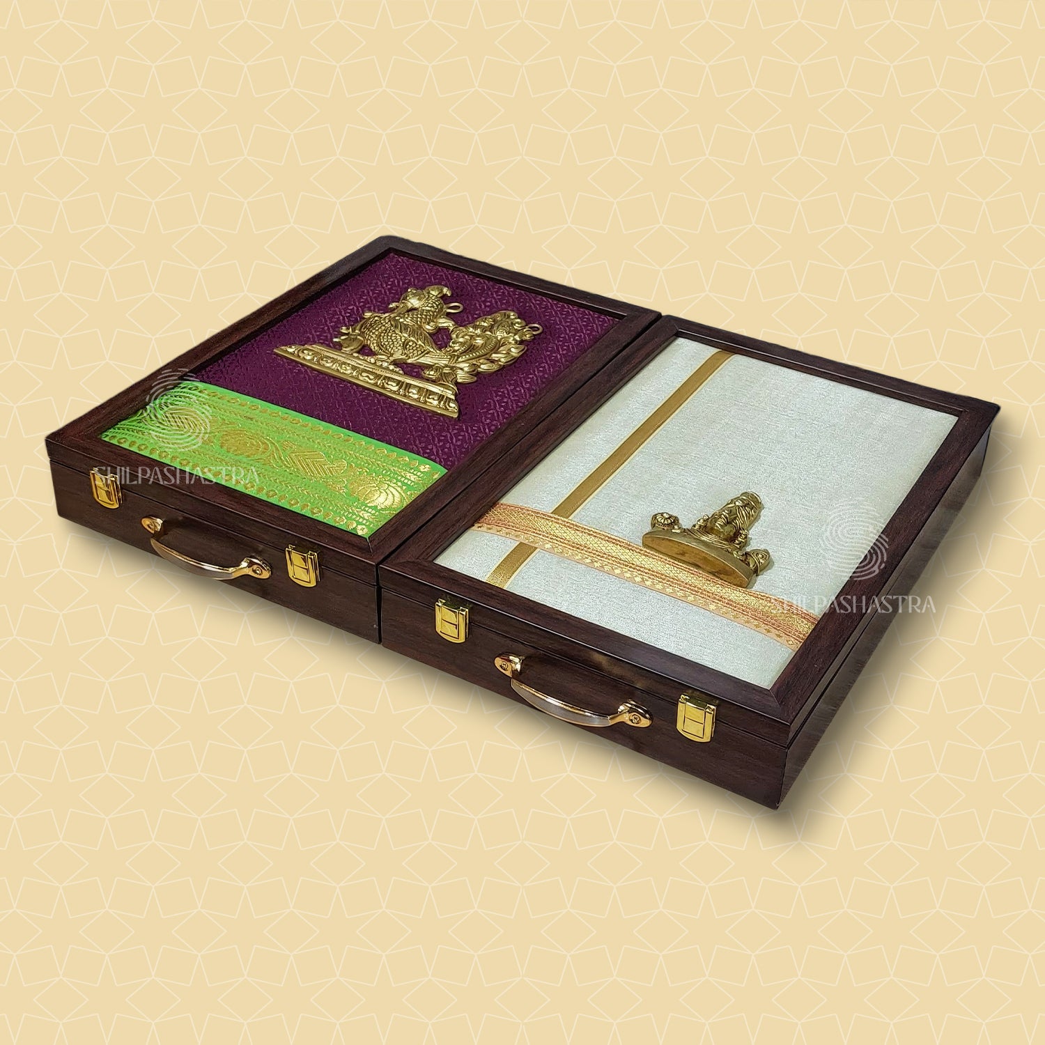 Premium Brass Idol Wedding Saree Box with Annam – Maroon Brocade with Apple Green Zari Border