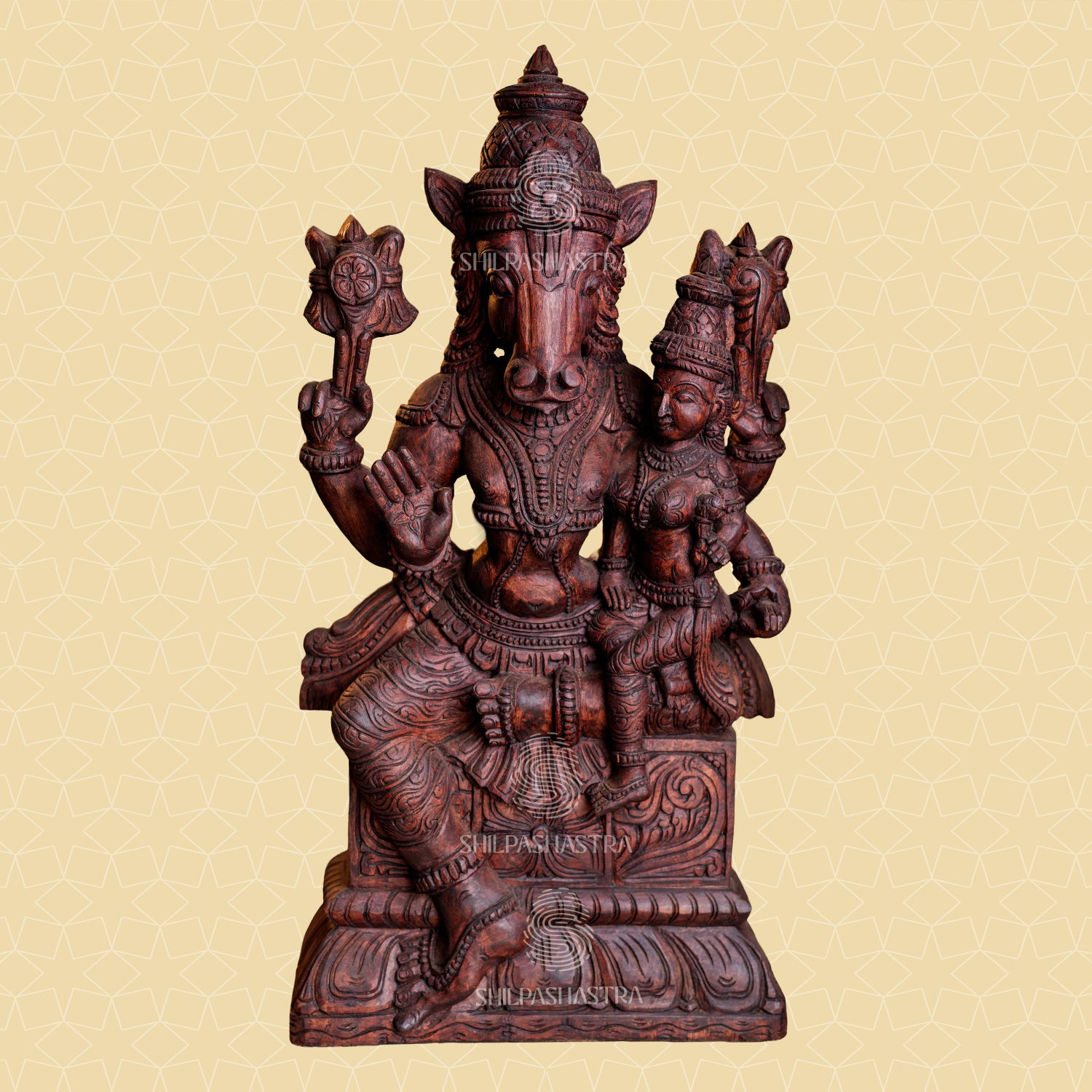 36 Inch Lakshmi Hayagriva Wooden Statue – Hand-Carved Rosewood Finish | Divine Vastu Idol