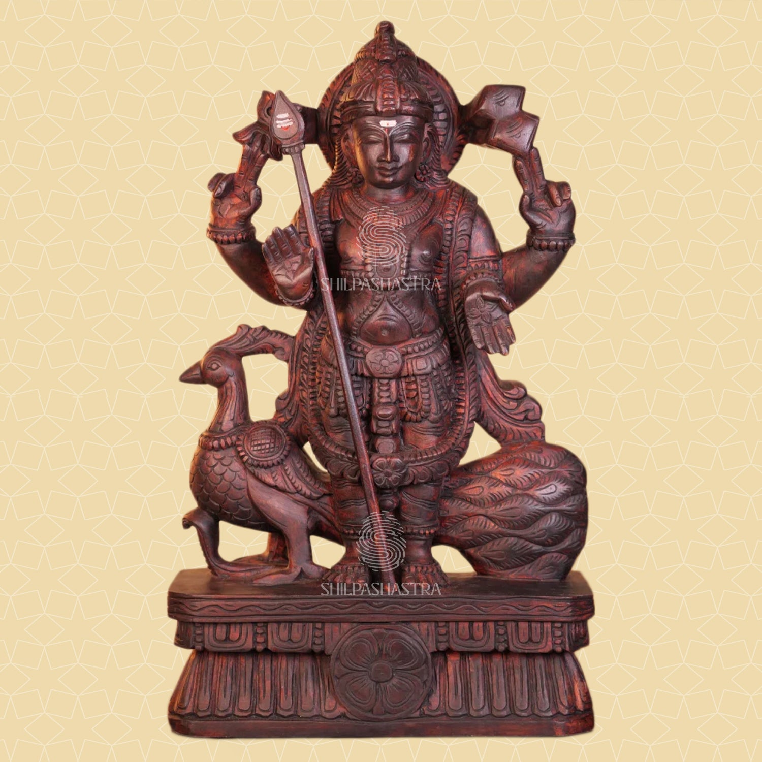 Handcrafted Wooden Lord Murugan Idol with Peacock