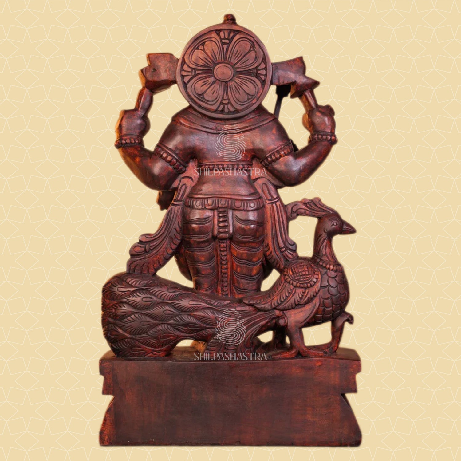 Handcrafted Wooden Lord Murugan Idol with Peacock