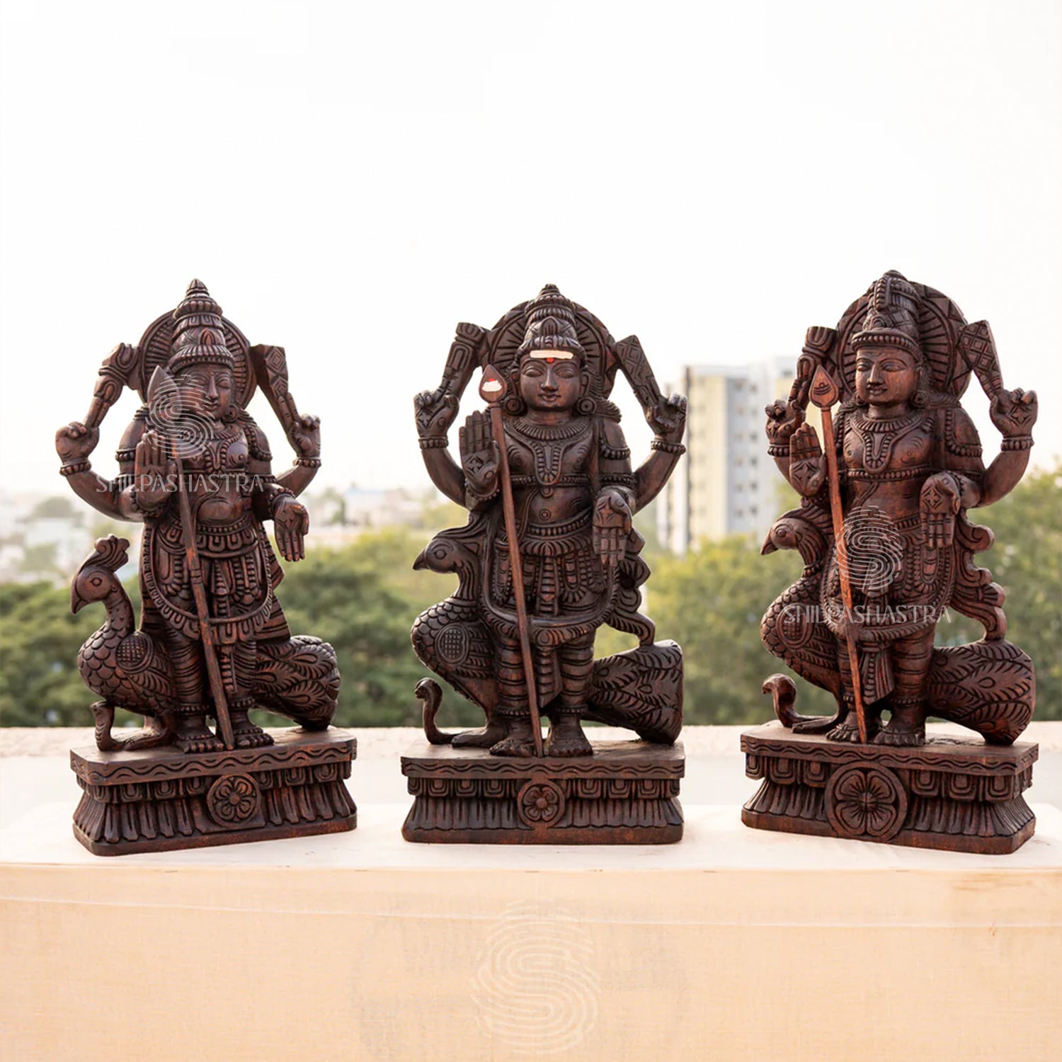 Handcrafted Wooden Lord Murugan Idol with Peacock