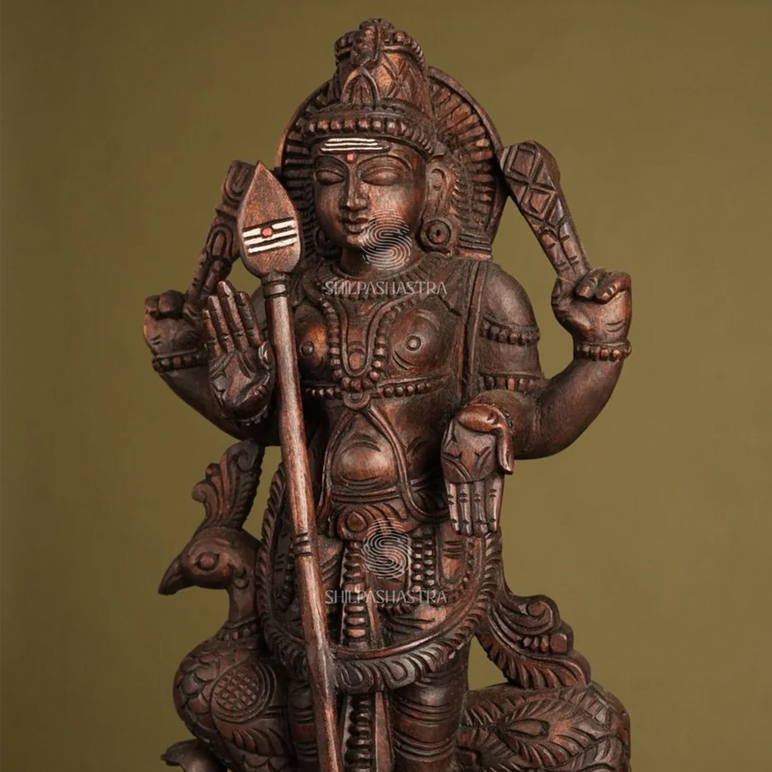 Handcrafted Wooden Lord Murugan Idol with Peacock