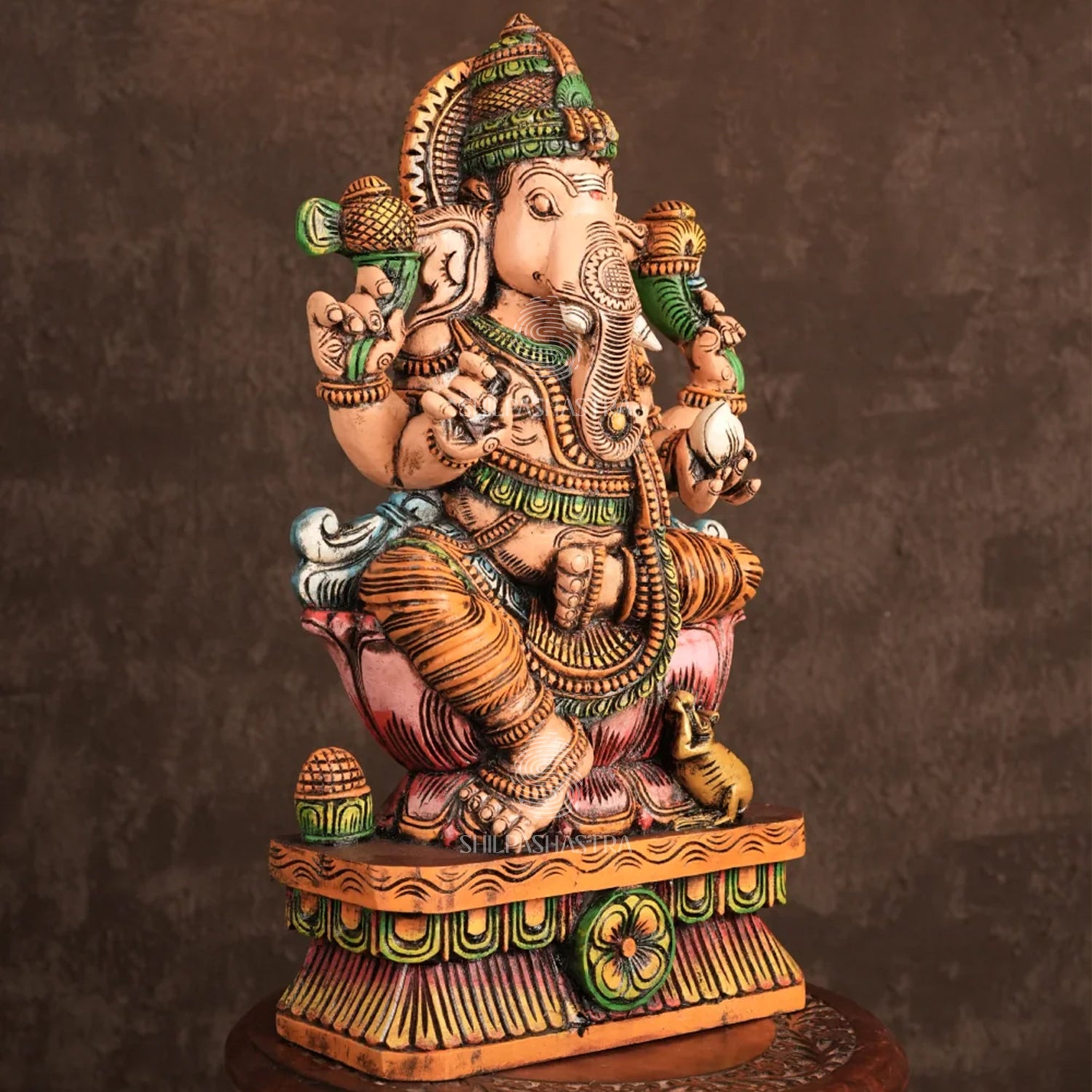Ganesha on Lotus with Mouse – Hand-Carved Wooden Seated Idol