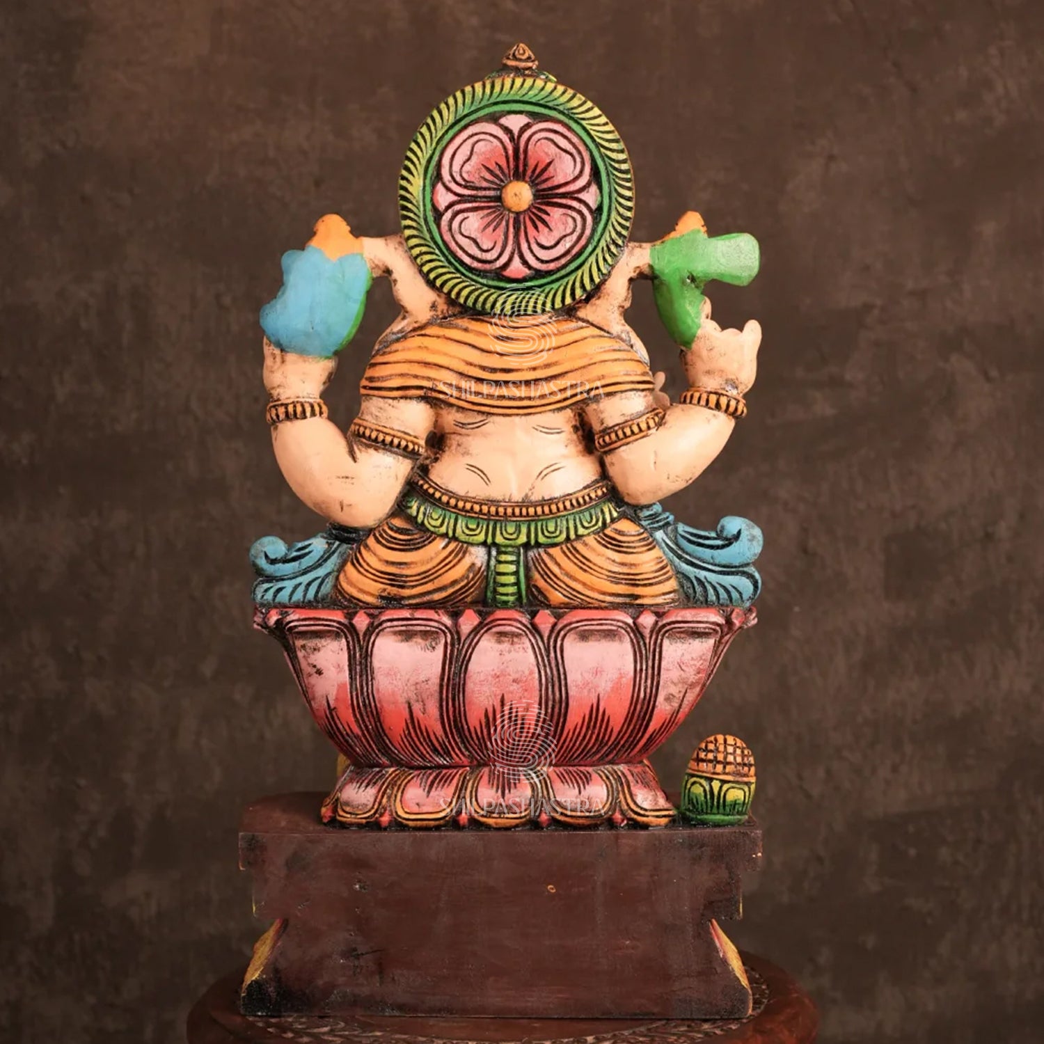 Ganesha on Lotus with Mouse – Hand-Carved Wooden Seated Idol