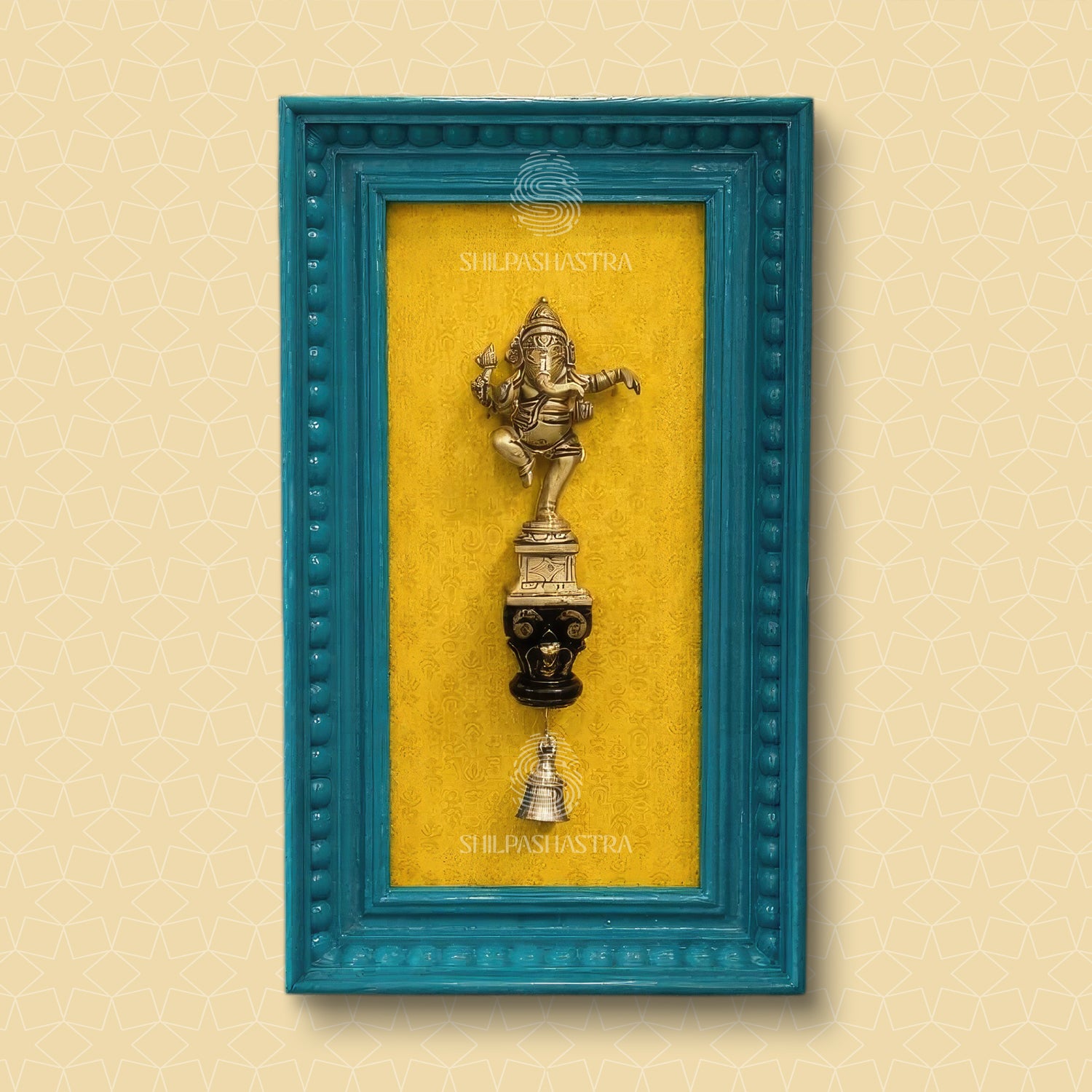 Dancing Ganesha Brass Idol Vintage Teakwood Frame – Traditional Wall Decor (14x6 Inch)
