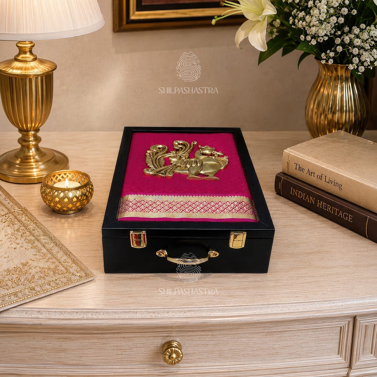 Premium Brass Annam Saree & Veshti Double Box – Magenta with Dark Pink Zari (14 × 9 × 2.75 Inches)