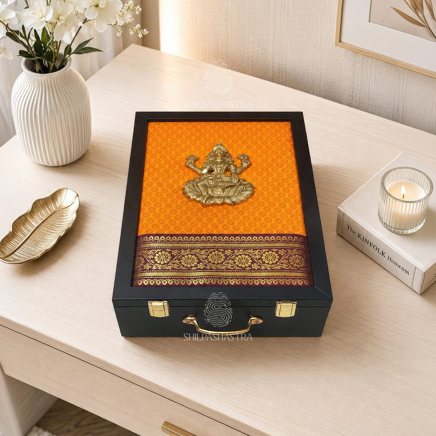 Premium Brass Lakshmi Wedding Saree Box – Yellow Brocade with Maroon Zari Border