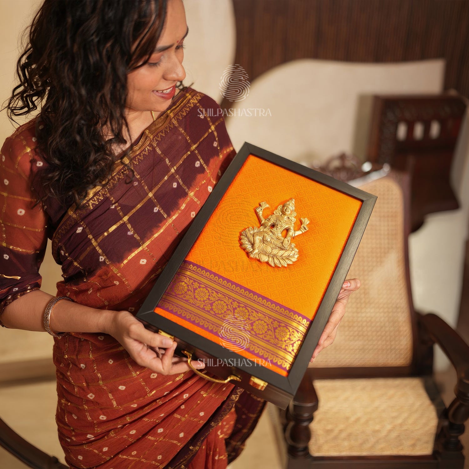 Premium Brass Lakshmi Wedding Saree Box – Yellow Brocade with Maroon Zari Border
