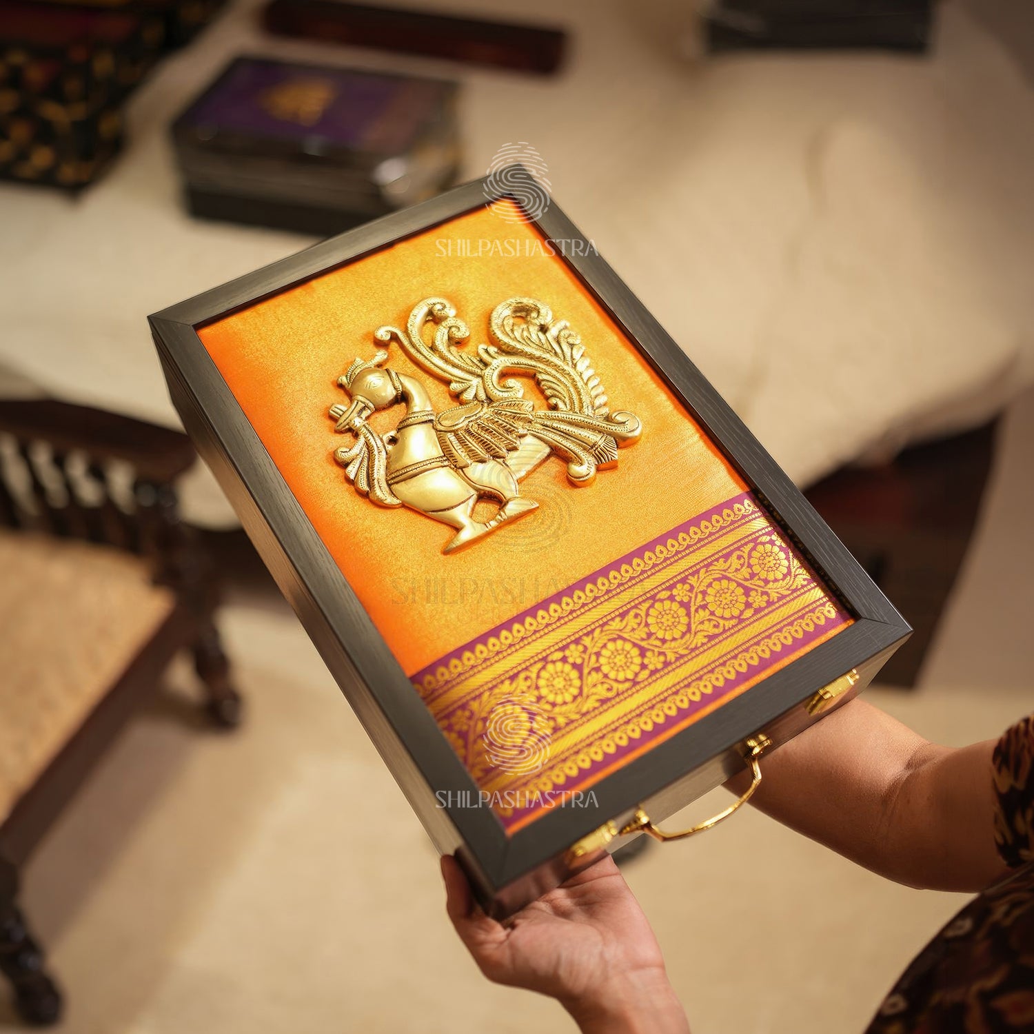 Premium Brass Hamsa Saree & Veshti Double Box – 14 × 9 × 2.75 Inches