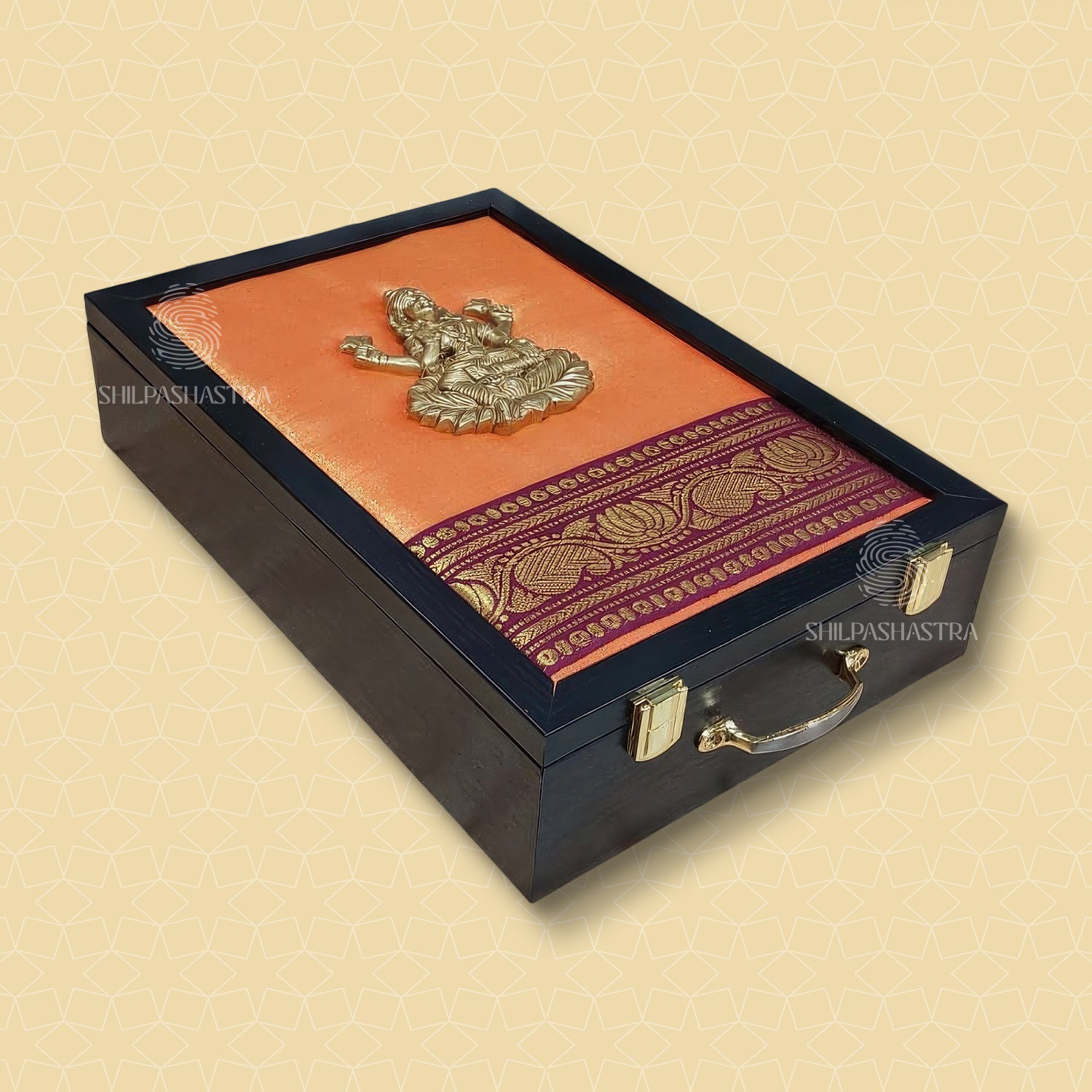 Premium Brass Lakshmi Wedding Saree Box – Yellow Brocade with Maroon Zari Border