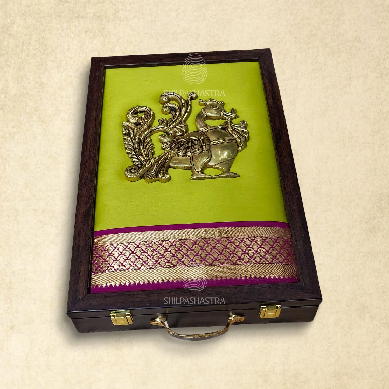 Premium Brass Idol Wedding Saree Box with Annam – Apple Green with Pink Zari Border