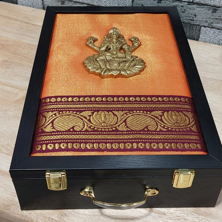 Premium Brass Annam Saree & Veshti Double Box – Orange with Maroon Zari (14 × 9 × 2.75 Inches)