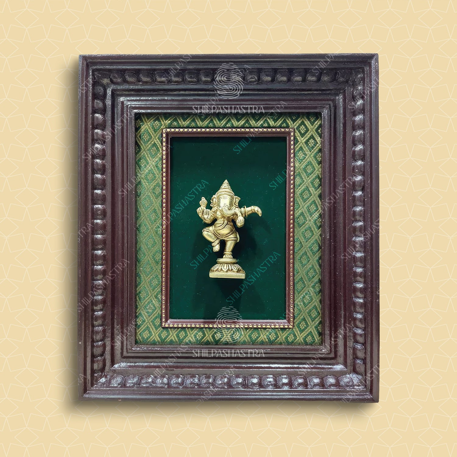 Large Brass Dancing Ganesha in Manipuri Style Teakwood Heritage Frame Wall Decor for Home & Pooja (Size 10 In x 8 In)