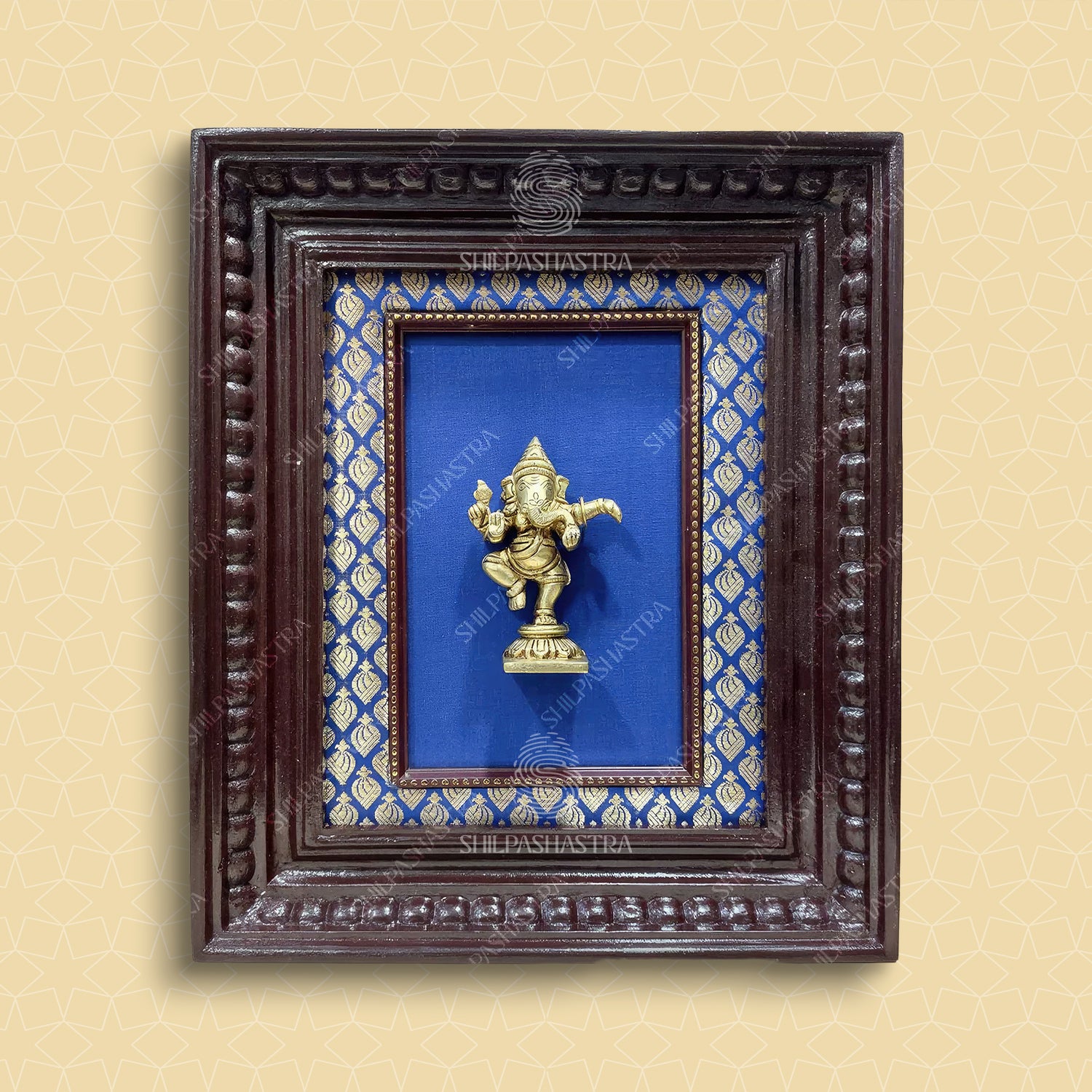 Large Brass Dancing Ganesha in Manipuri Style Teakwood Heritage Frame Wall Decor for Home & Pooja (Size 10 In x 8 In)