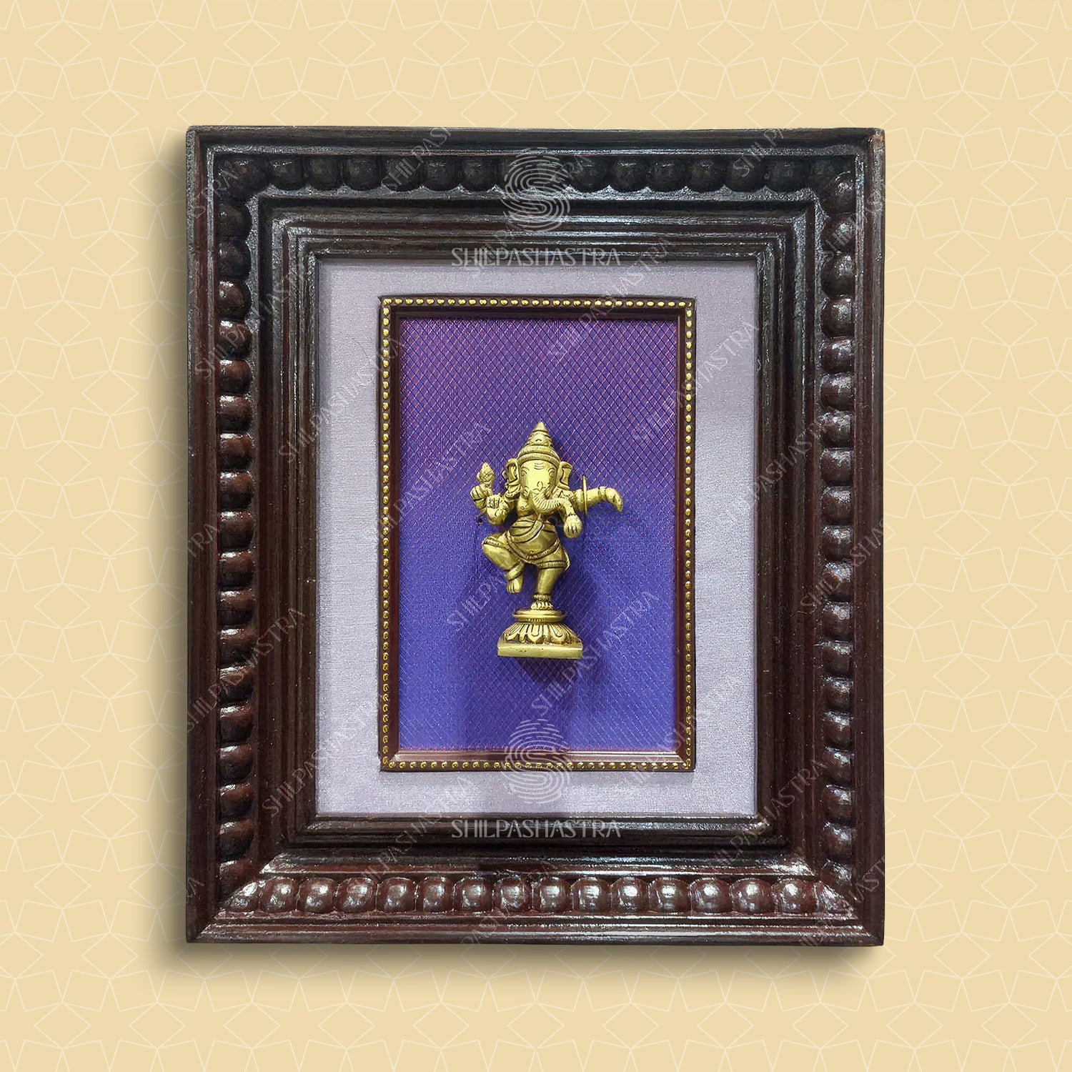 Large Brass Dancing Ganesha in Manipuri Style Teakwood Heritage Frame Wall Decor for Home & Pooja (Size 10 In x 8 In)