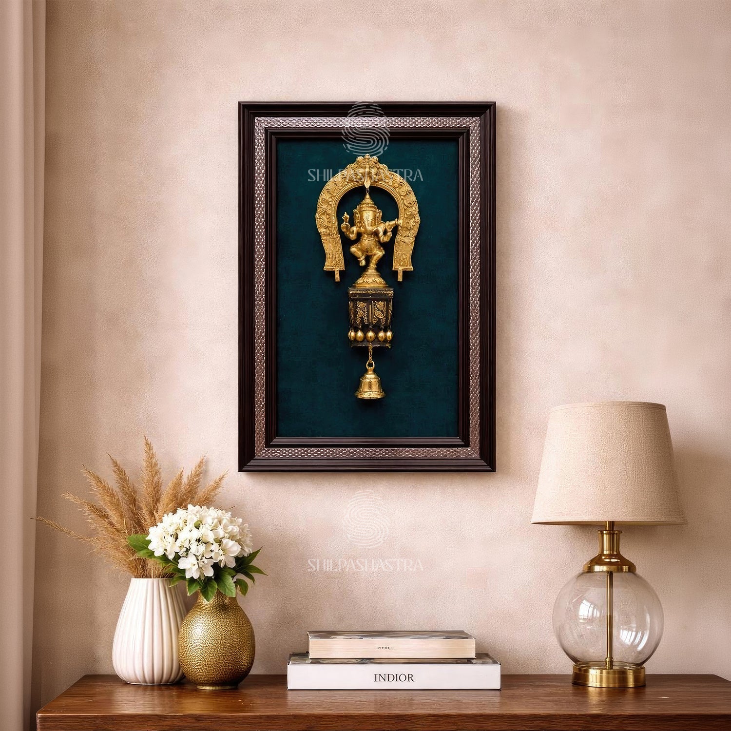 Black & Silver Dancing Ganesha Fiber Idol Frame – Prabhavali Wall Decor with Bodhi Stand (13x10 Inch)