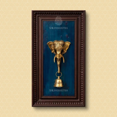 Brass Elephant Face Wall Frame with Bell – Manipuri Heritage Frame (20x8 Inch)