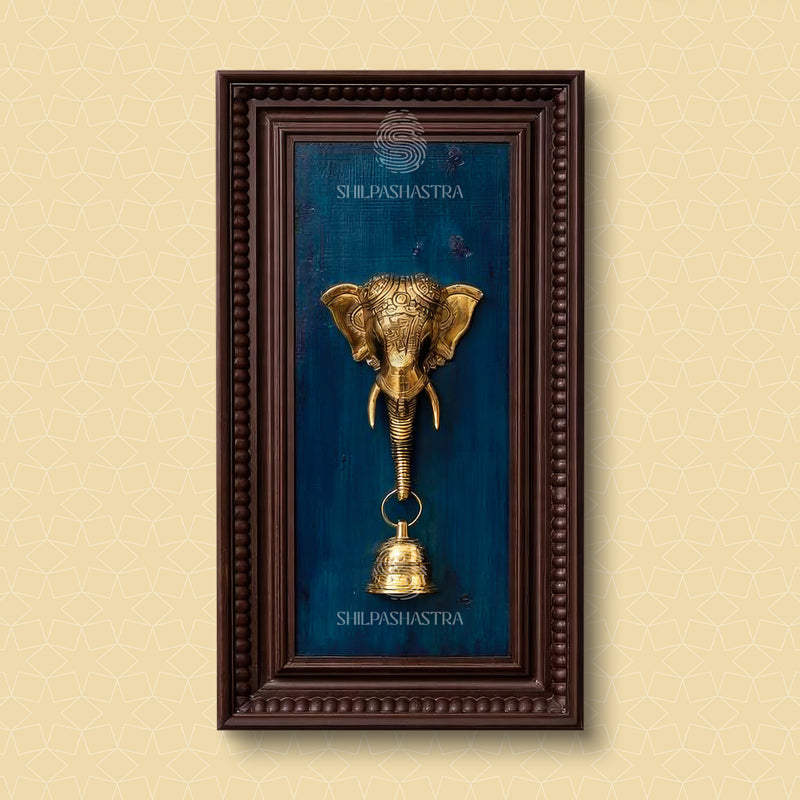 Brass Elephant Face Wall Frame with Bell – Manipuri Heritage Frame (20x8 Inch)