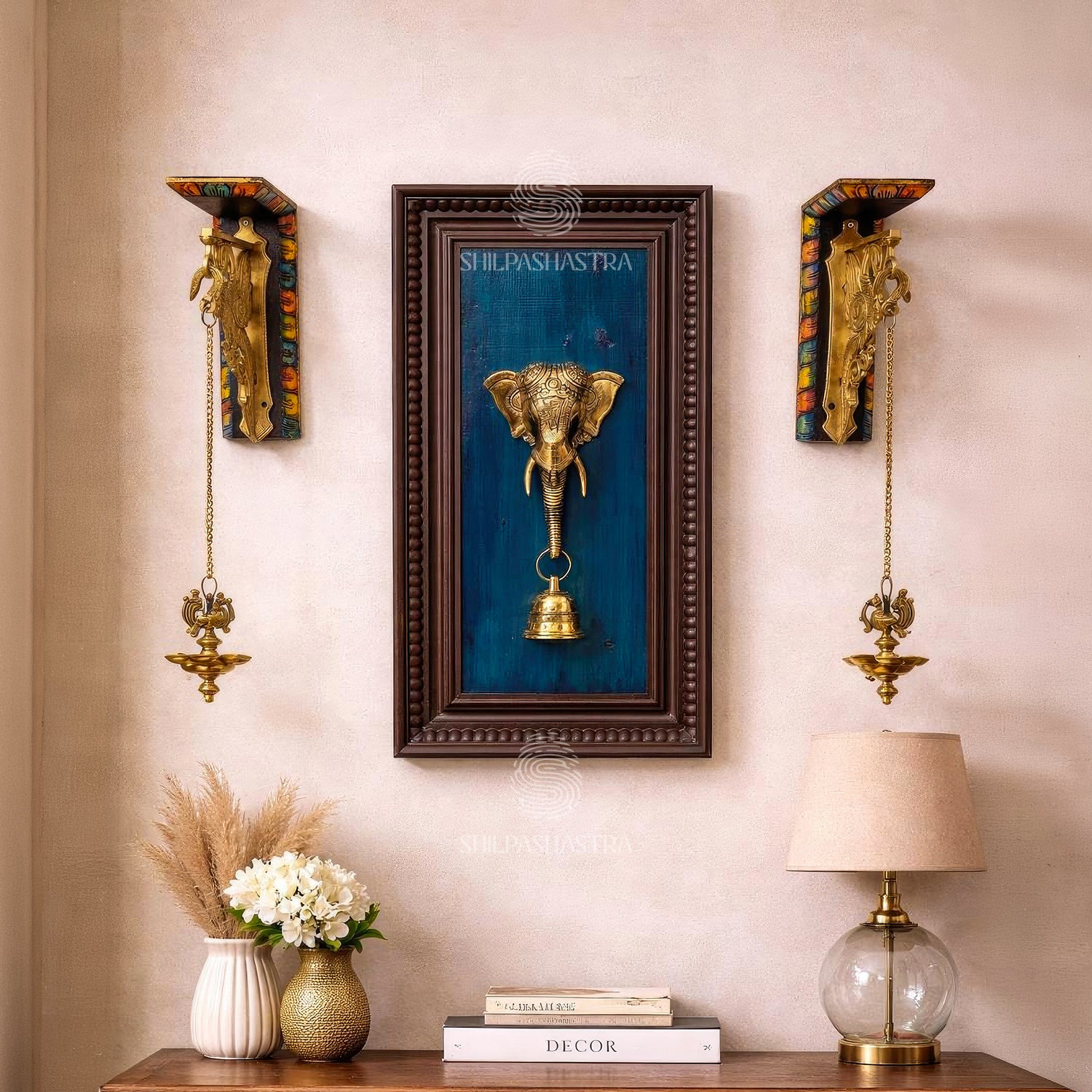 Brass Elephant Face Wall Frame with Bell – Manipuri Heritage Frame (20x8 Inch)
