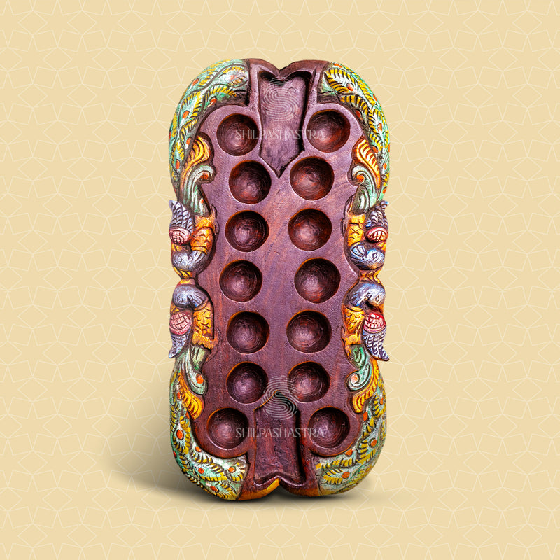Hand Carved Mahogany Pallanguli Board with Peacock Motif – Traditional Mancala Game