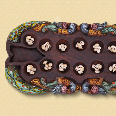 Hand Carved Mahogany Pallanguli Board with Peacock Motif – Traditional Mancala Game