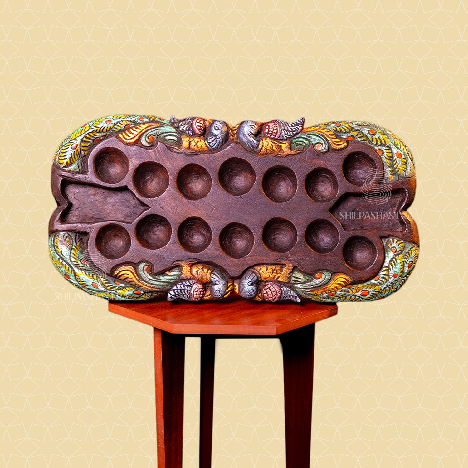 Hand Carved Mahogany Pallanguli Board with Peacock Motif – Traditional Mancala Game