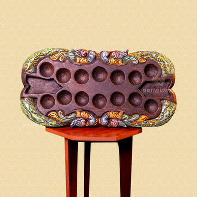 Hand Carved Mahogany Pallanguli Board with Peacock Motif – Traditional Mancala Game