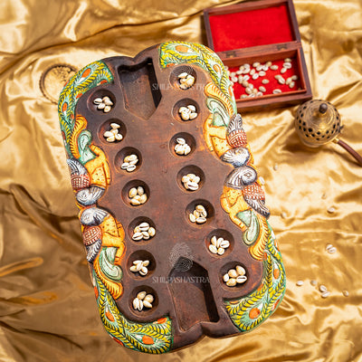 Hand Carved Mahogany Pallanguli Board with Peacock Motif – Traditional Mancala Game