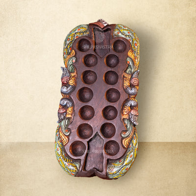 Hand Carved Mahogany Pallanguli Board with Peacock Motif – Traditional Mancala Game