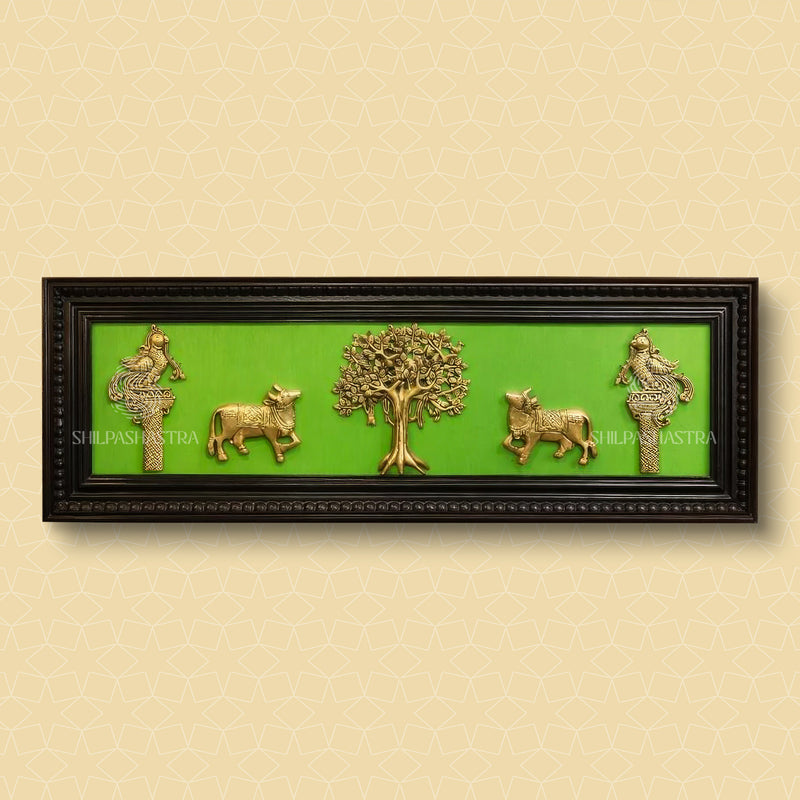 Kalpavriksham Brass Idol Frame with Kamadhenu & Annam – Manipuri Heritage Wall Frame (12 x 36 Inches)