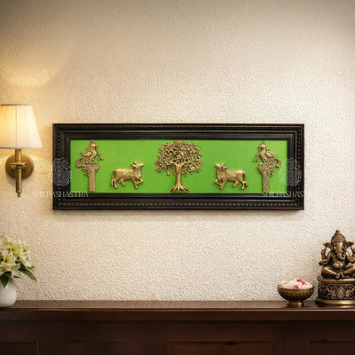 Kalpavriksham Brass Idol Frame with Kamadhenu & Annam – Manipuri Heritage Wall Frame (12 x 36 Inches)