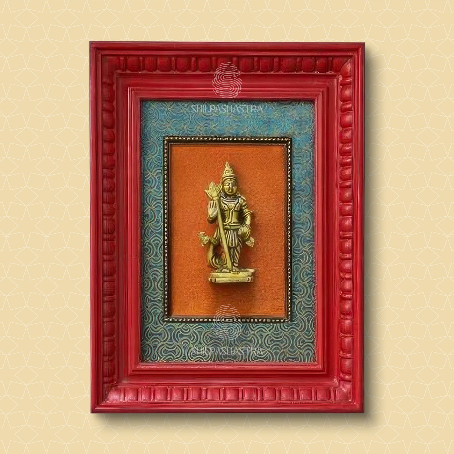 Manipuri Style Brass Murugan Idol in Vintage Wooden Frame Wall Decor for Home & Pooja Room (Size 12 in x 8 in)