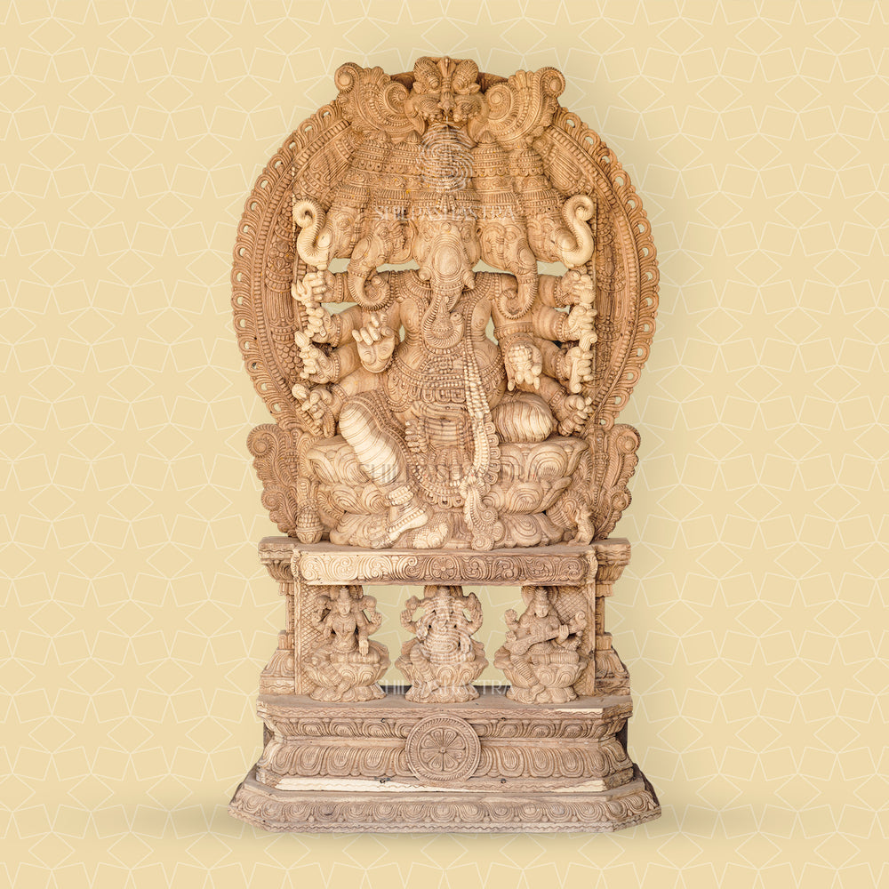 Monumental Panchmukhi Ganesha with Lakshmi & Saraswati Base – Hand-Carved Vaagai Wood Sculpture (76 Inches)