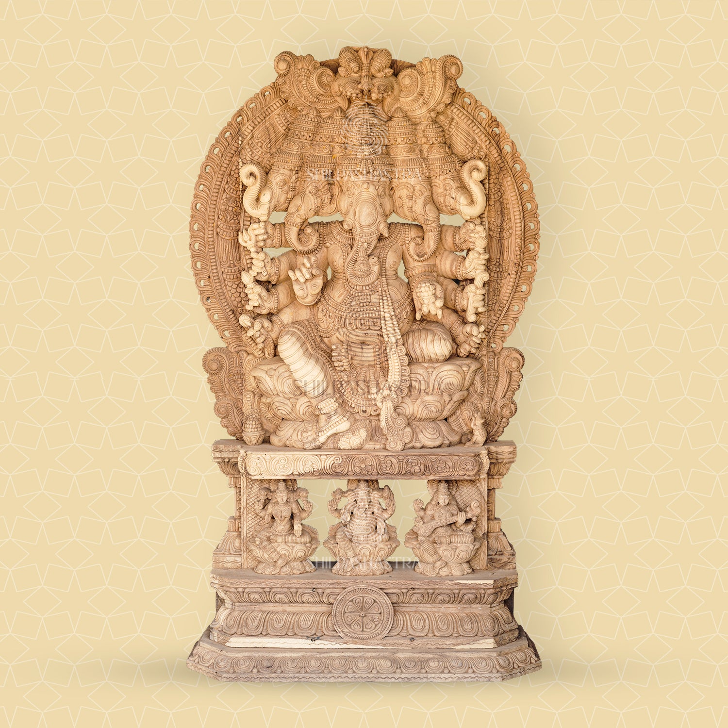 Monumental Panchmukhi Ganesha with Lakshmi & Saraswati Base – Hand-Carved Vaagai Wood Sculpture (76 Inches)