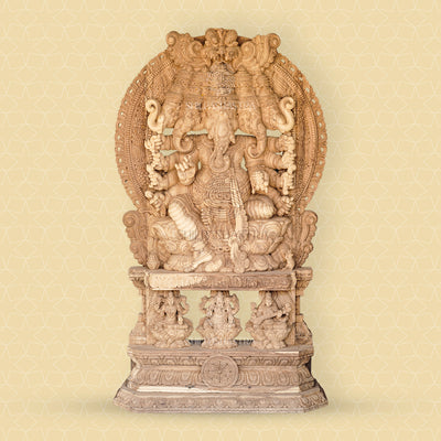 Monumental Panchmukhi Ganesha with Lakshmi & Saraswati Base – Hand-Carved Vaagai Wood Sculpture (76 Inches)