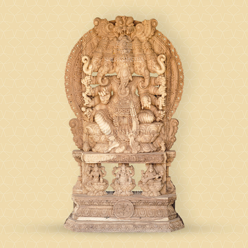 Monumental Panchmukhi Ganesha with Lakshmi & Saraswati Base – Hand-Carved Vaagai Wood Sculpture (76 Inches)