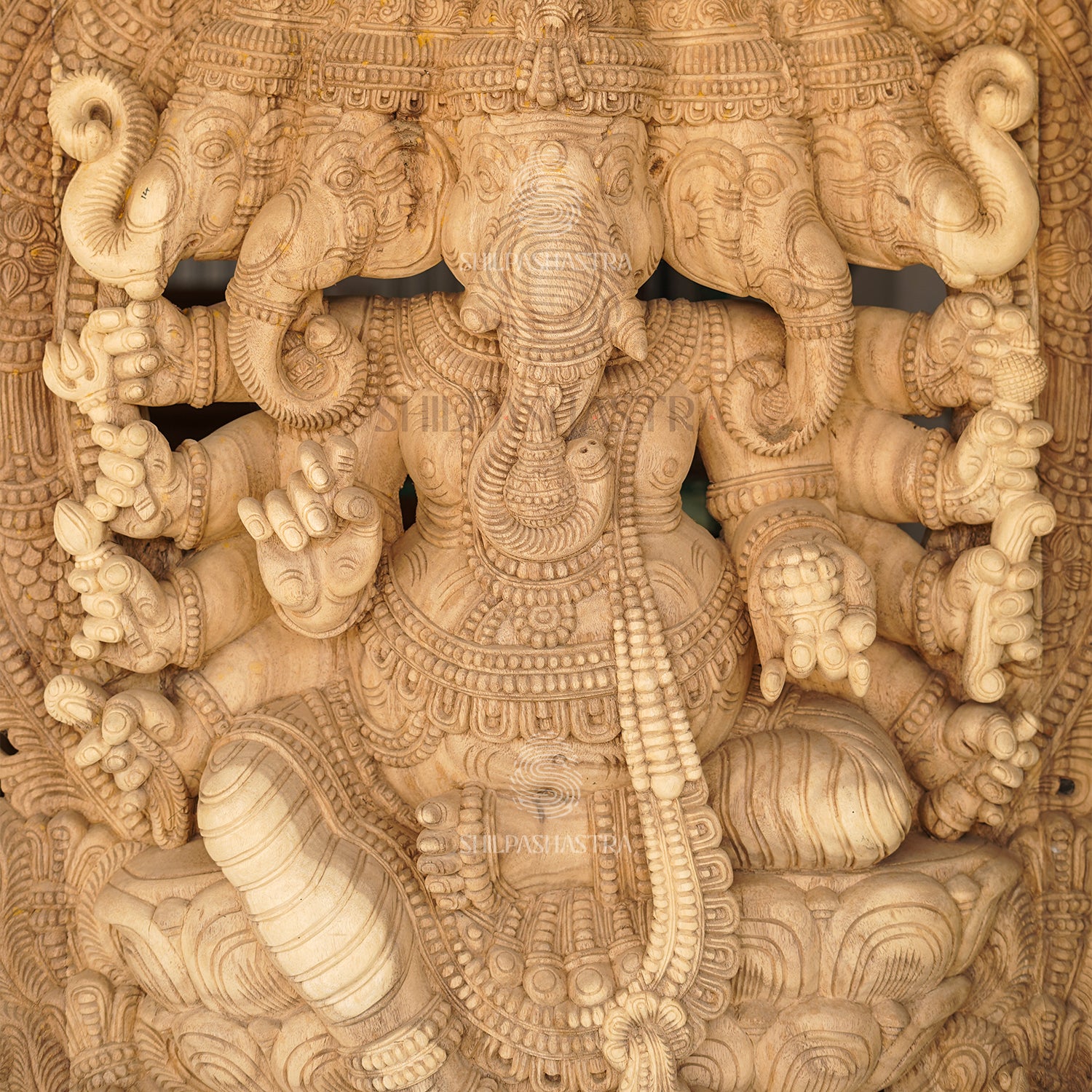 Monumental Panchmukhi Ganesha with Lakshmi & Saraswati Base – Hand-Carved Vaagai Wood Sculpture (76 Inches)