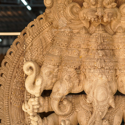 Monumental Panchmukhi Ganesha with Lakshmi & Saraswati Base – Hand-Carved Vaagai Wood Sculpture (76 Inches)