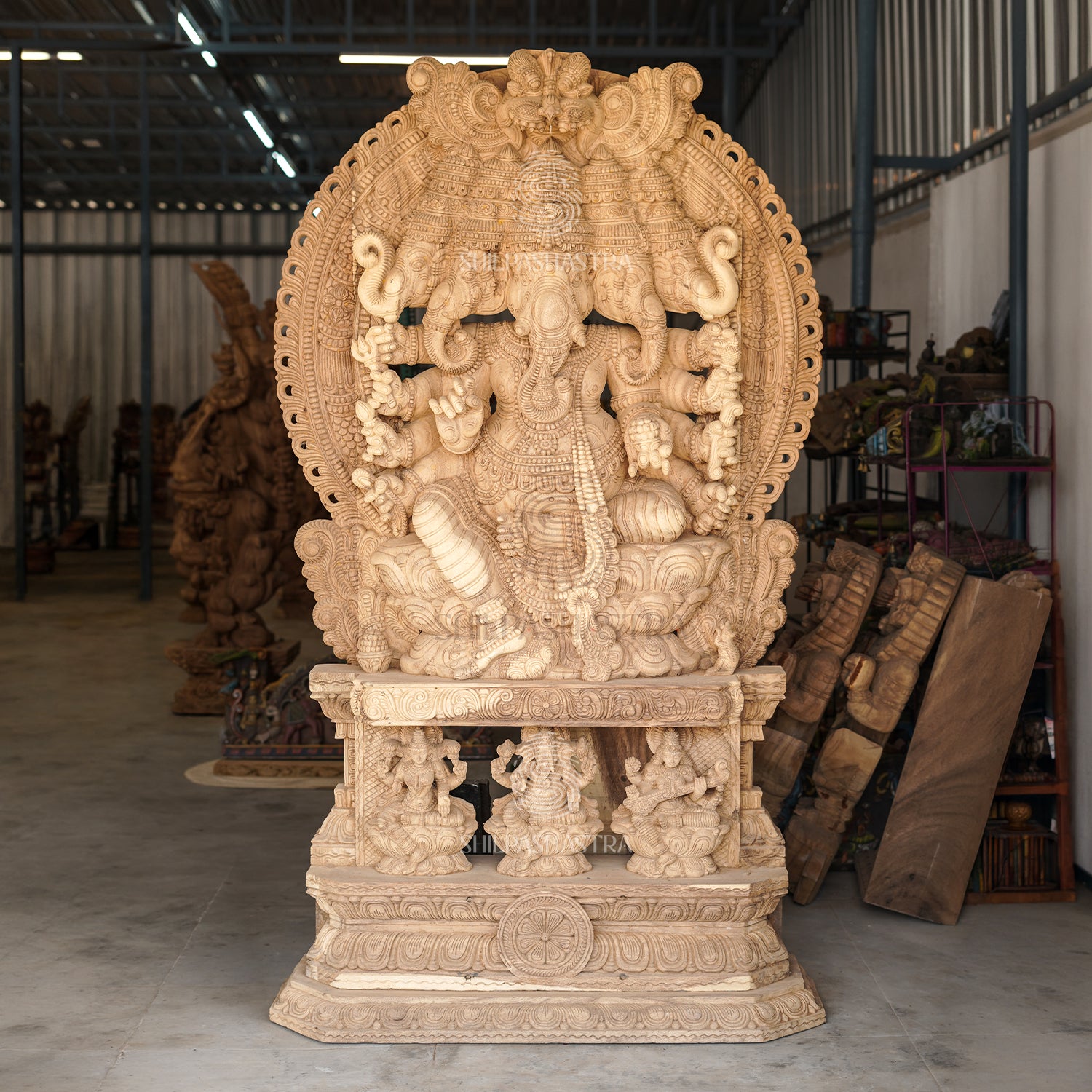 Monumental Panchmukhi Ganesha with Lakshmi & Saraswati Base – Hand-Carved Vaagai Wood Sculpture (76 Inches)