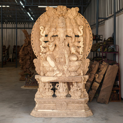 Monumental Panchmukhi Ganesha with Lakshmi & Saraswati Base – Hand-Carved Vaagai Wood Sculpture (76 Inches)
