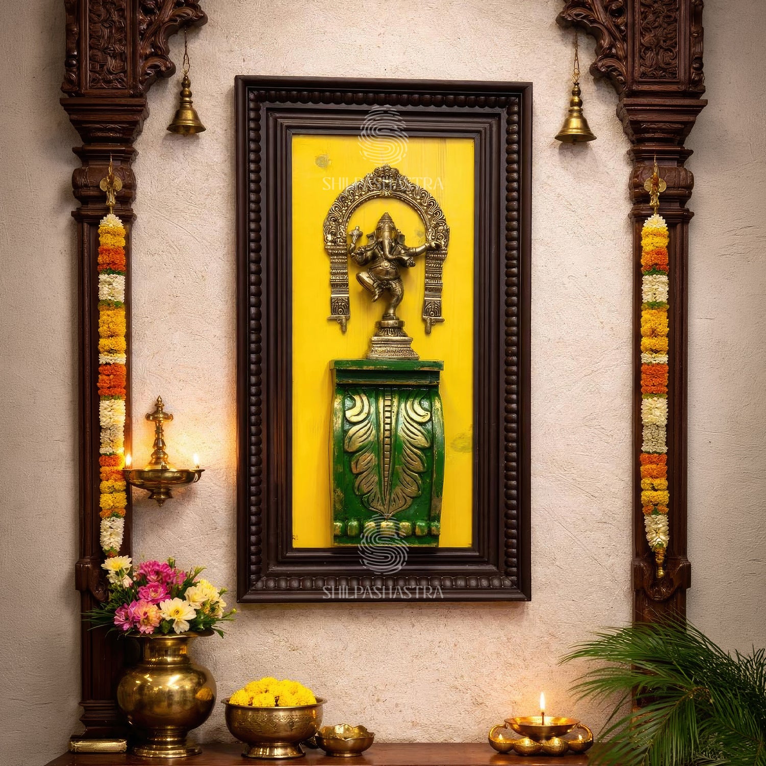 Dancing Ganesha Brass Idol Frame – Manipuri Heritage Frame with Prabhavali (20x8 Inch)